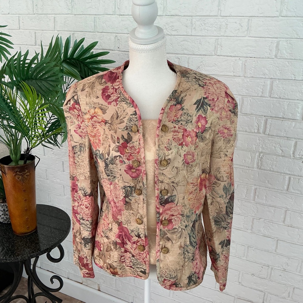 Classics by Leslie Fay Blazer Top Women 14 Petite Pink Excellent Floral Tapestry